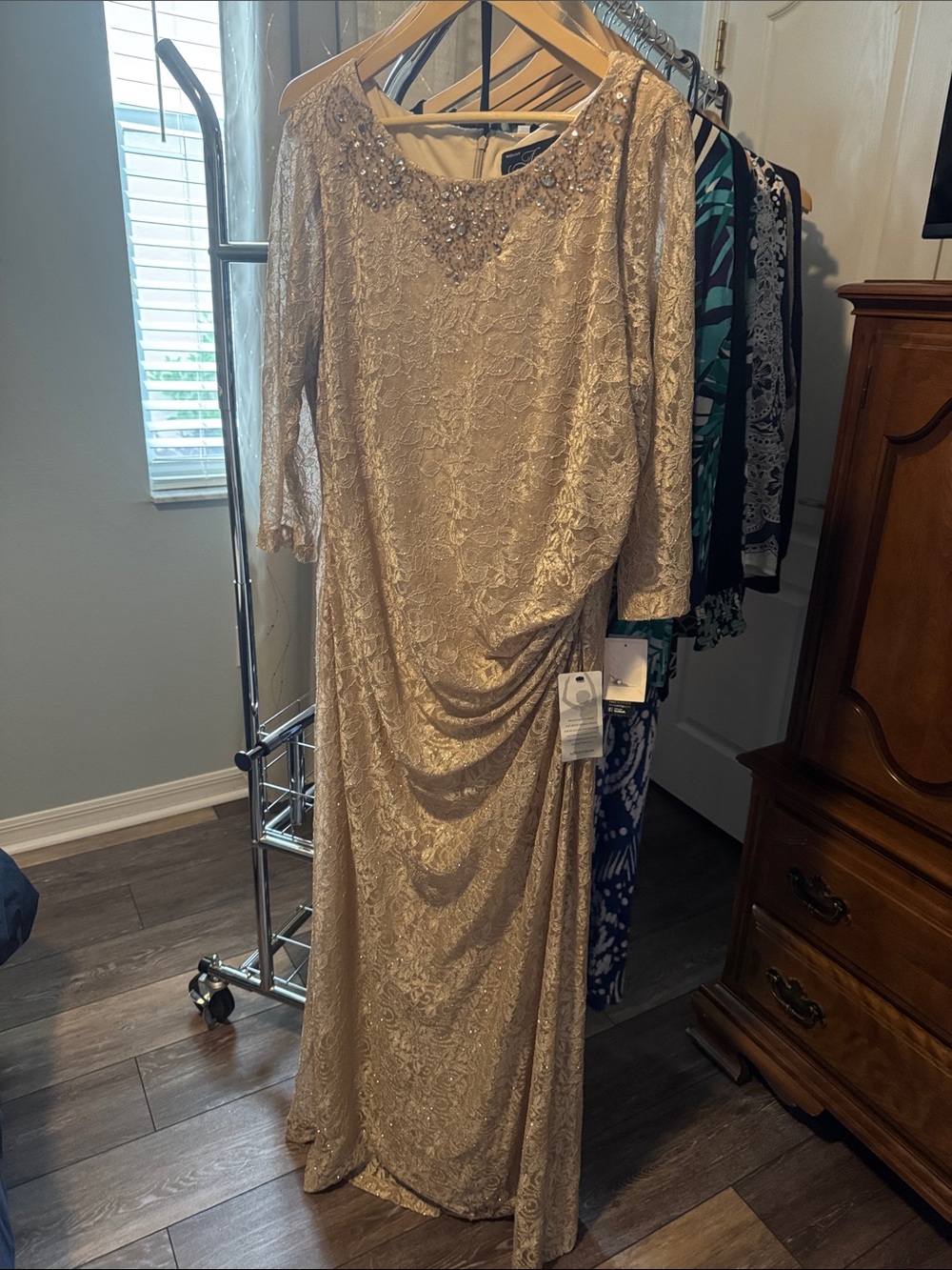 Alex Evenings Beaded Lace Long Sleeve Gown in Champagne Gold